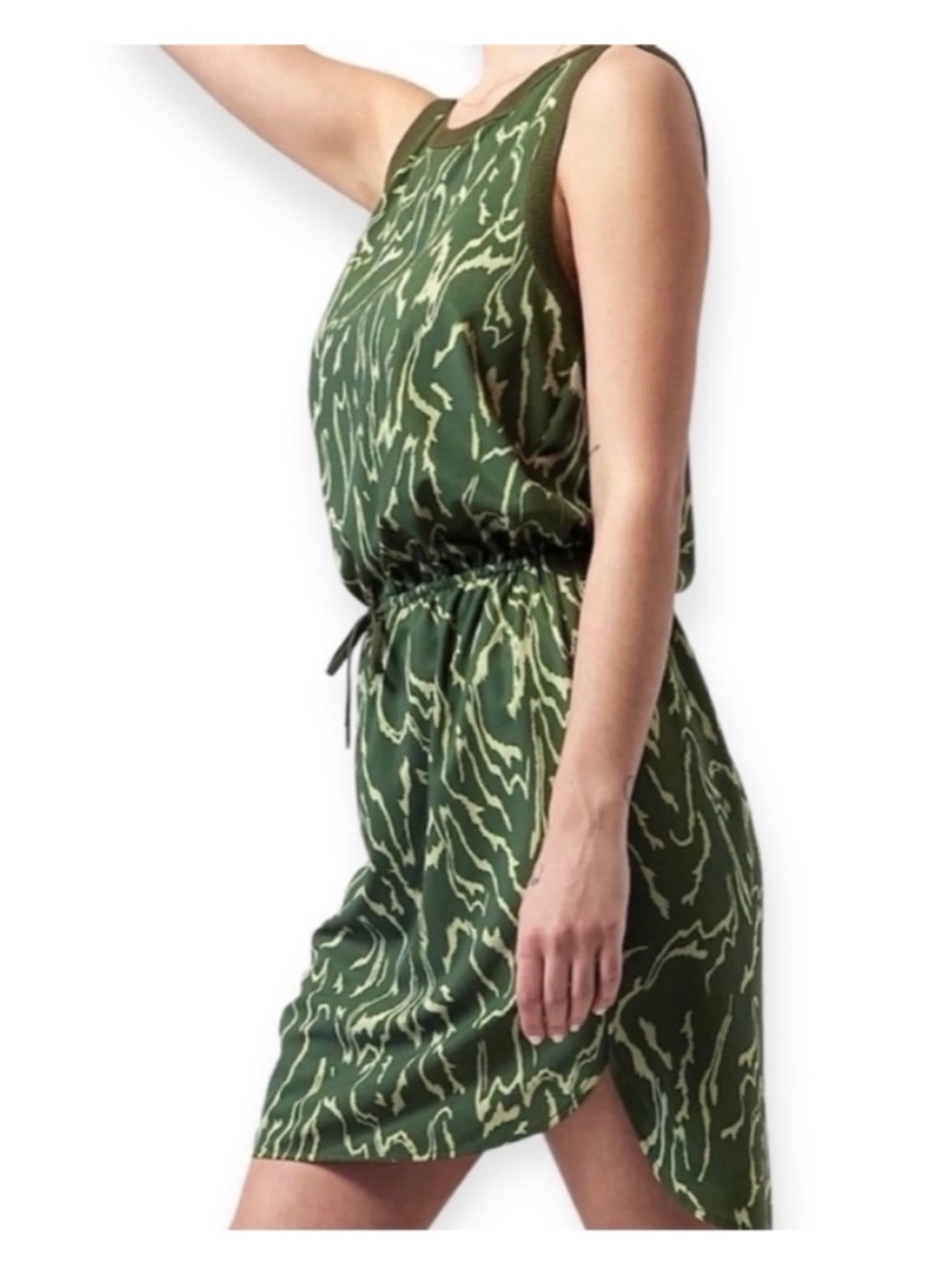 Athleta Olive Green Abstract Print Tie-Waist Mini Dress